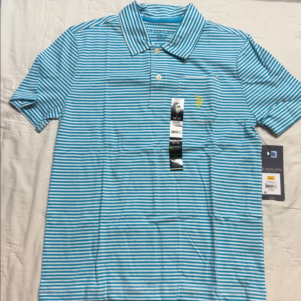U.S. Polo Assn. Boys' Striped Polo Shirt with Pocket - Blue & White NWT